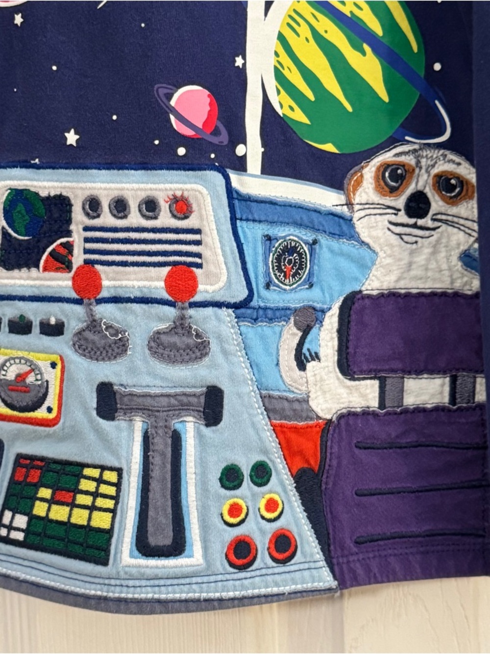 Mini Boden Boy Navy Space Cockpit Appliqué Colorful Planets Print Long Sleeve - Picture 5 of 8